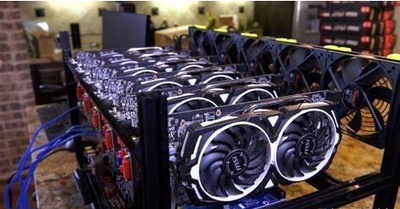 A large cryptocurrency mining farm with rows of mining machines.